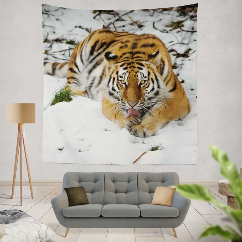 Tiger in Snowy Serenity Winter Warrior Wall Hanging Tapestry