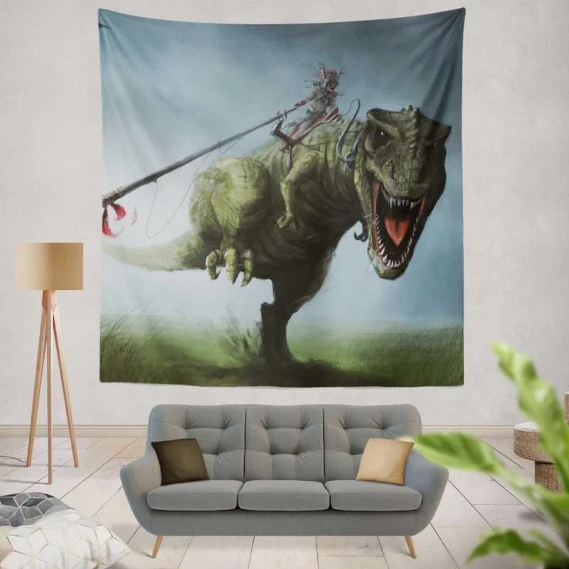 Warrior and T-Rex Mythic Alliance Wall Hanging Tapestry