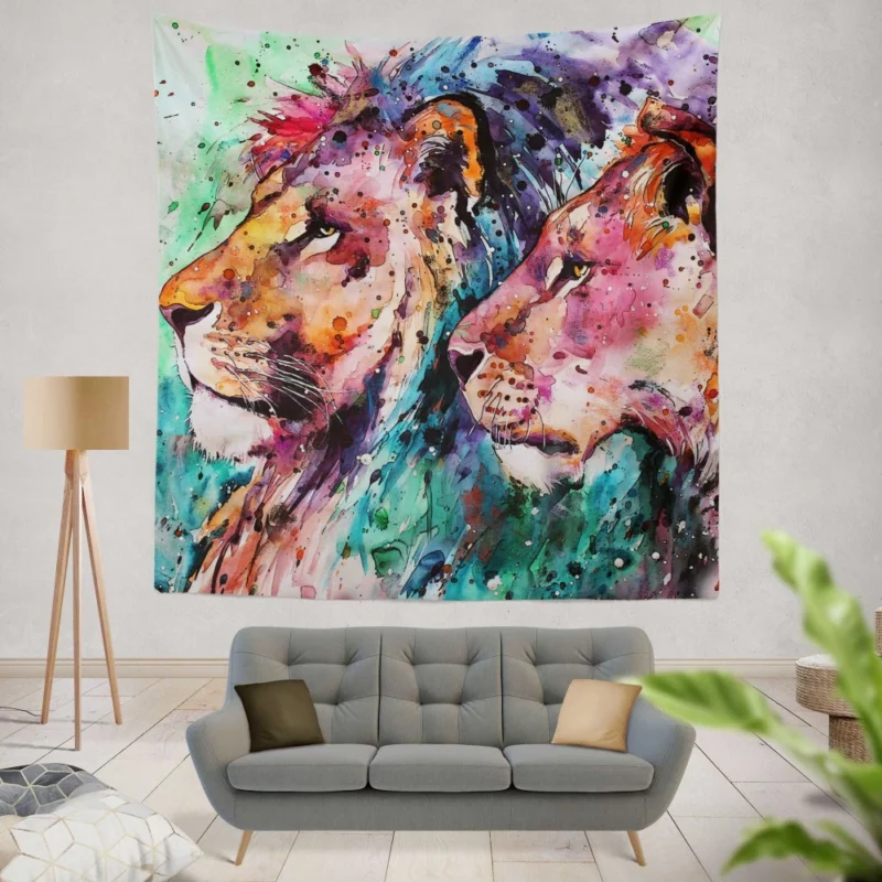 Watercolor Lion in Nature Splendor Wall Hanging Tapestry