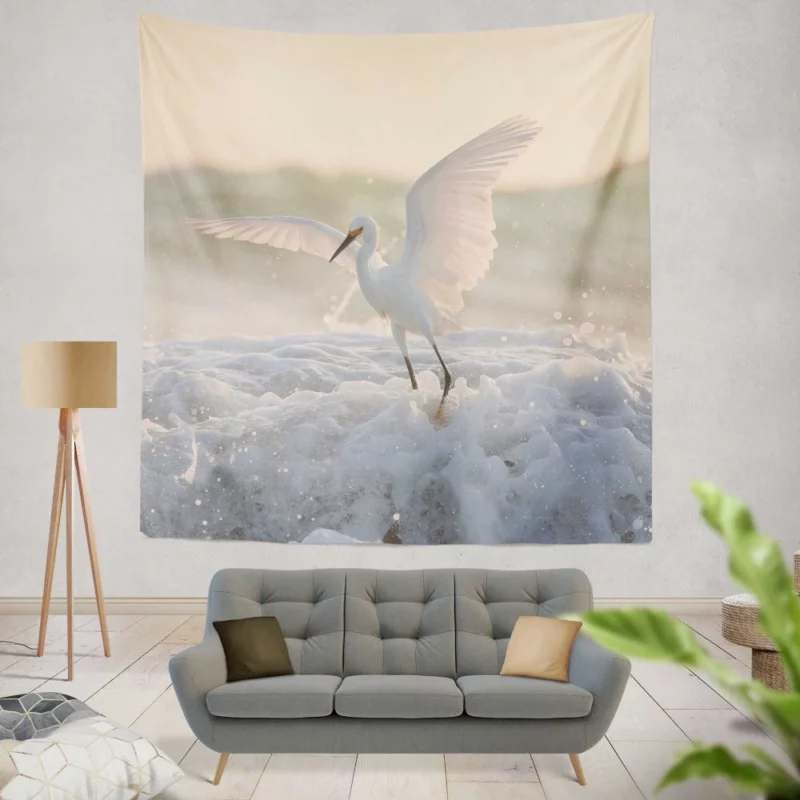 White American Egret Waterside Elegance Wall Hanging Tapestry