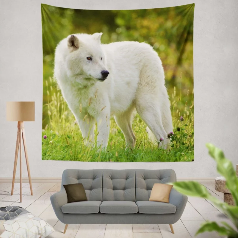 White Wolf Amidst Blossoms Majestic Aura Wall Hanging Tapestry