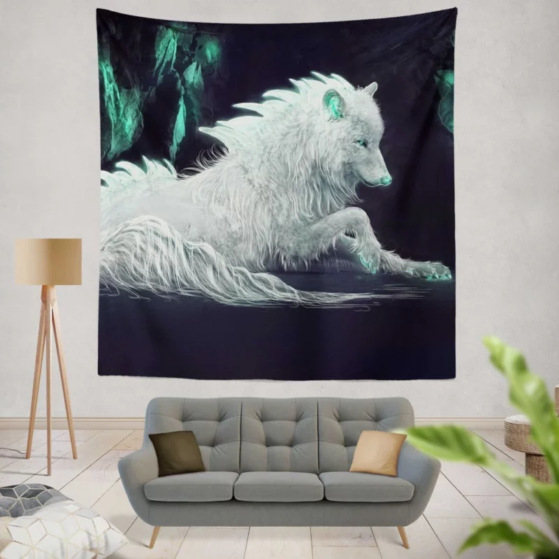 White Wolf in Arctic Fantasy Wall Hanging Tapestry