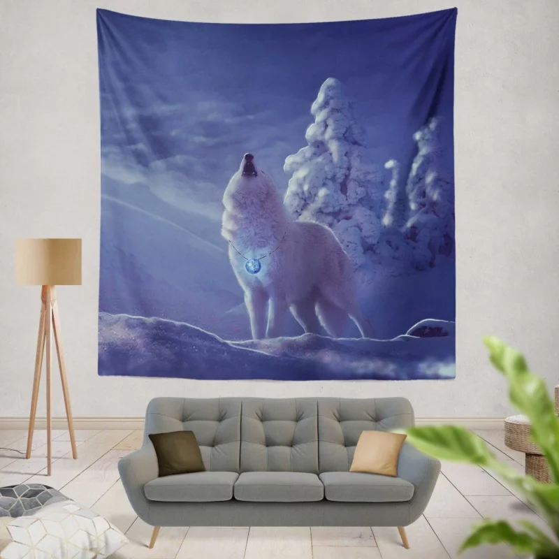 White Wolf in Nighttime Forest Mystical Aura Wall Hanging Tapestry