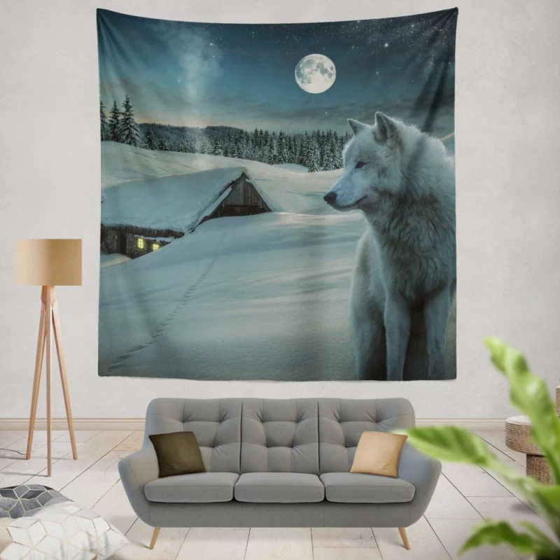 White Wolf in Starlit Night Enigmatic Majesty Wall Hanging Tapestry