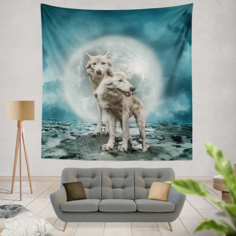 White Wolves Beneath the Moon Wall Hanging Tapestry