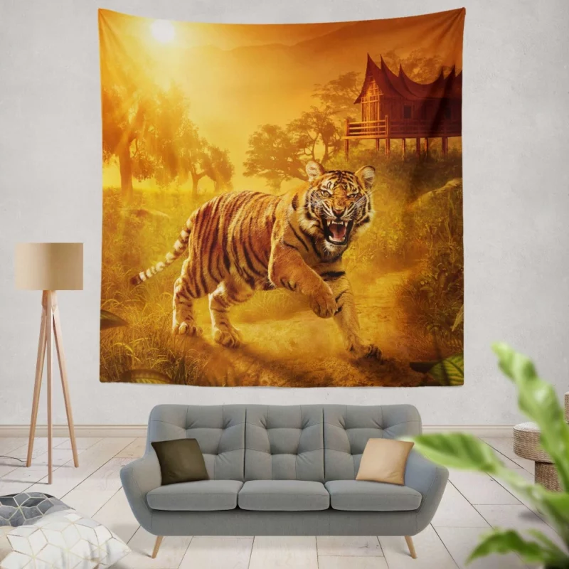 Wild Tiger Angry Roar in the Jungle Wall Hanging Tapestry