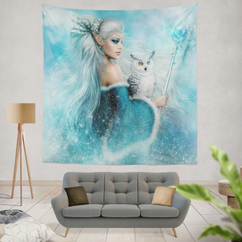 Winter Elf Queen with Snowy Owl Wall Hanging Tapestry