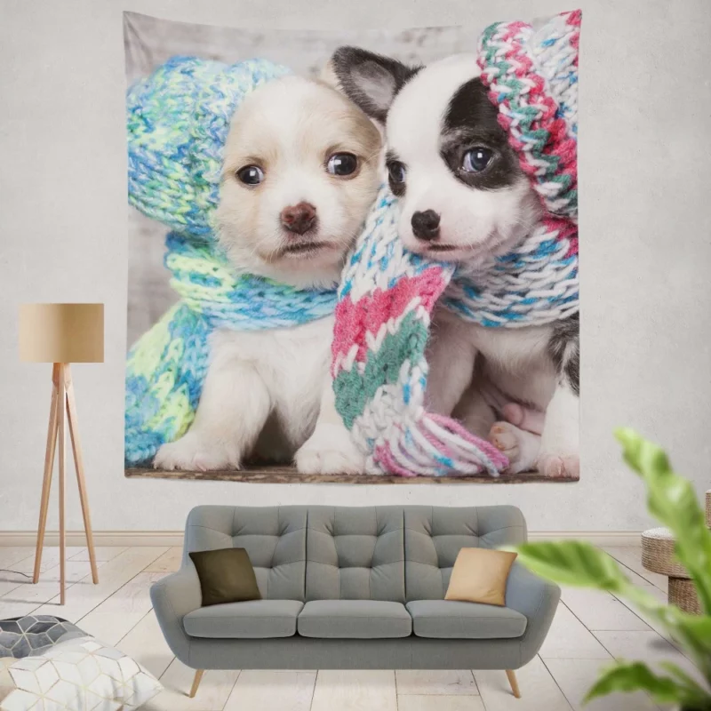 Winter Scarves & Puppy Delight Wall Hanging Tapestry