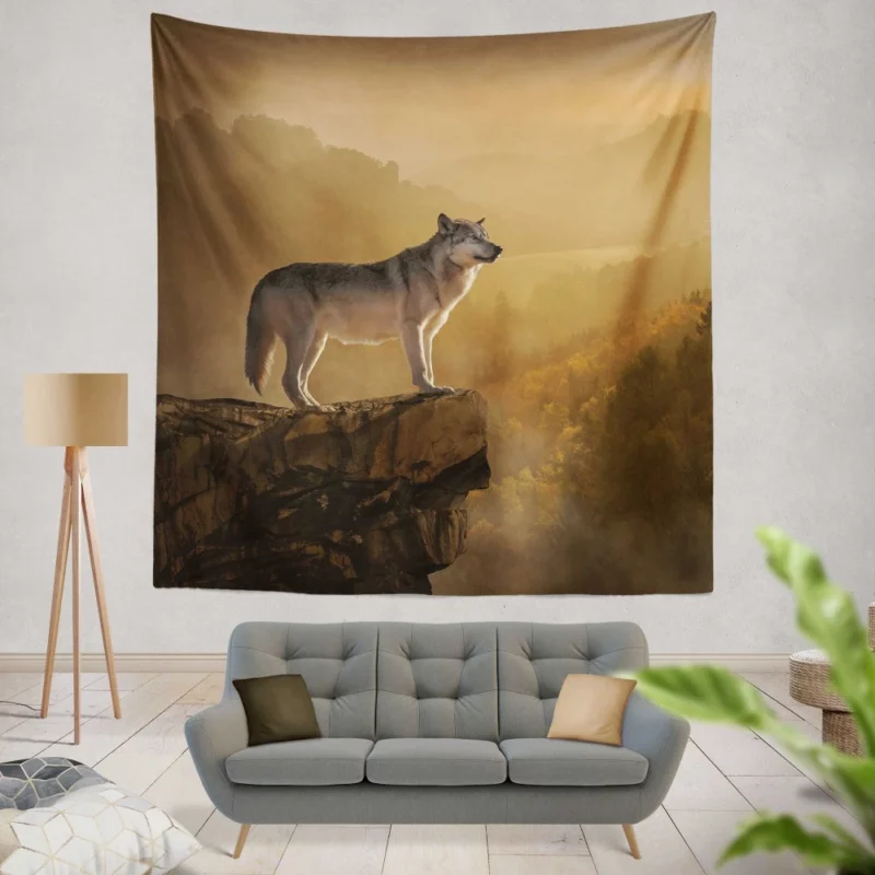 Wolf Amidst Rocks in Foggy Forest Wall Hanging Tapestry