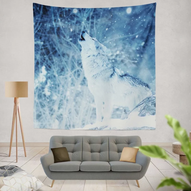 Wolf Howl in Winter Snowfall Wall Hanging Tapestry