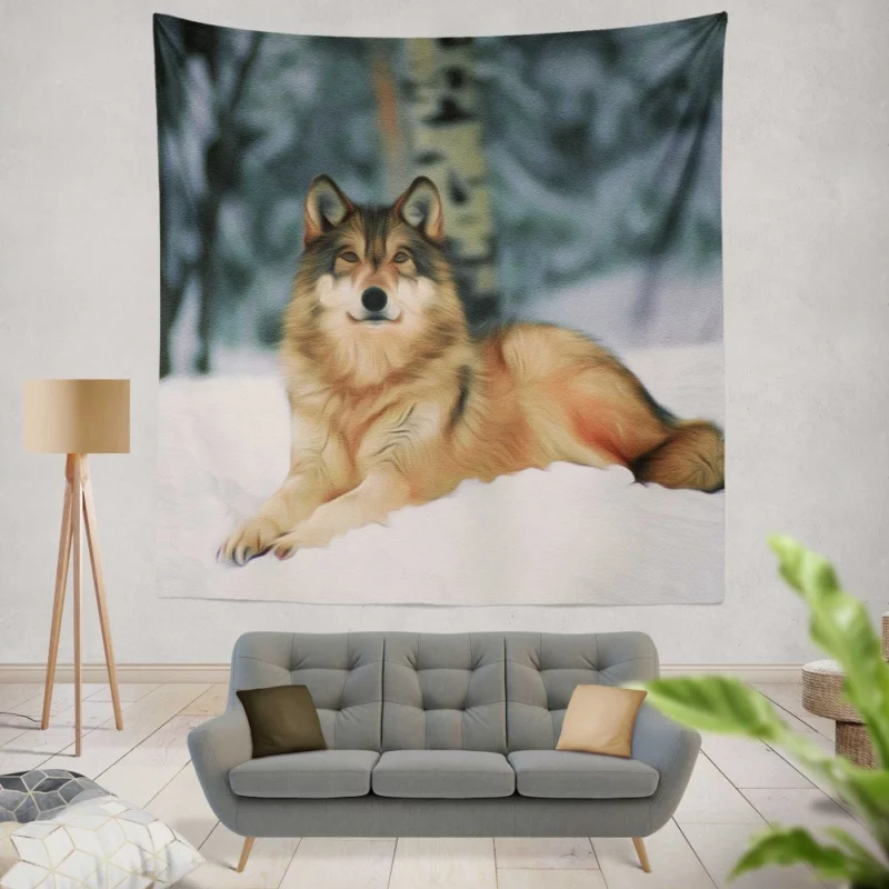 Wolf in Winter Scene Wall Hanging Tapestry