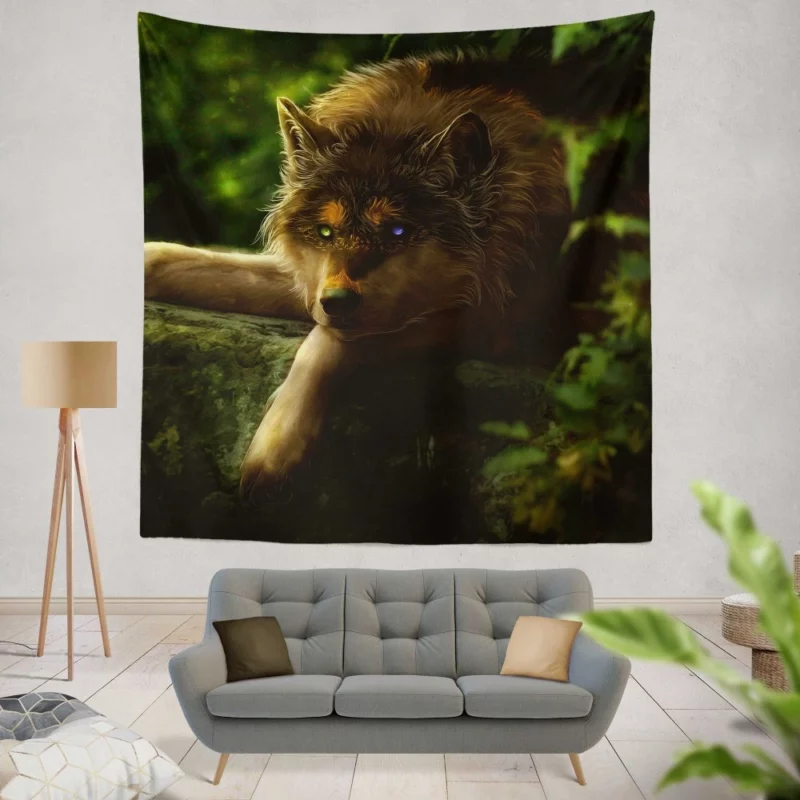 Wolf with Heterochromia Mystical Aura Wall Hanging Tapestry