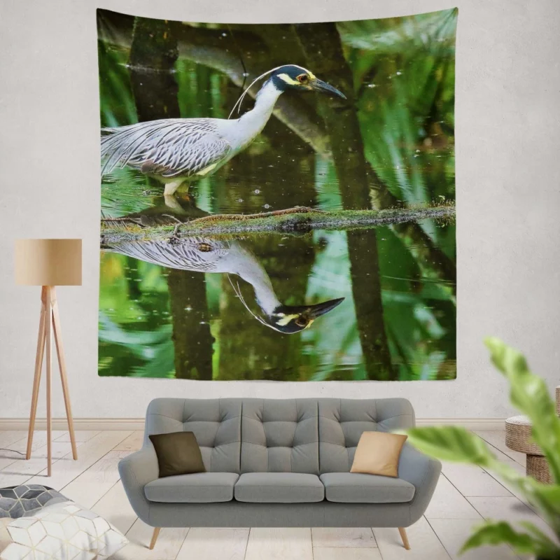 Yellow-Crowned Heron Reflection Waterside Beauty Wall Hanging Tapestry