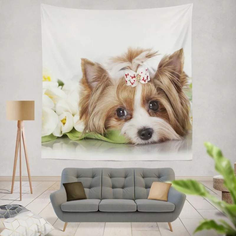 Yorkshire Terrier Amidst Tulips Floral Play Wall Hanging Tapestry